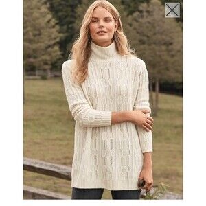 Garnet Hill Cashmere Merino Sweater M Turtleneck Cable Knit Ivory Tunic Oversize